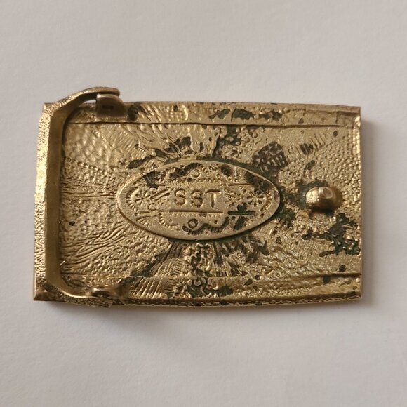 Unisex 1.25" Vintage SST Brass Belt Buckle Inlaid Turquoise MOP Wood Inlay 70s - Picture 2 of 3